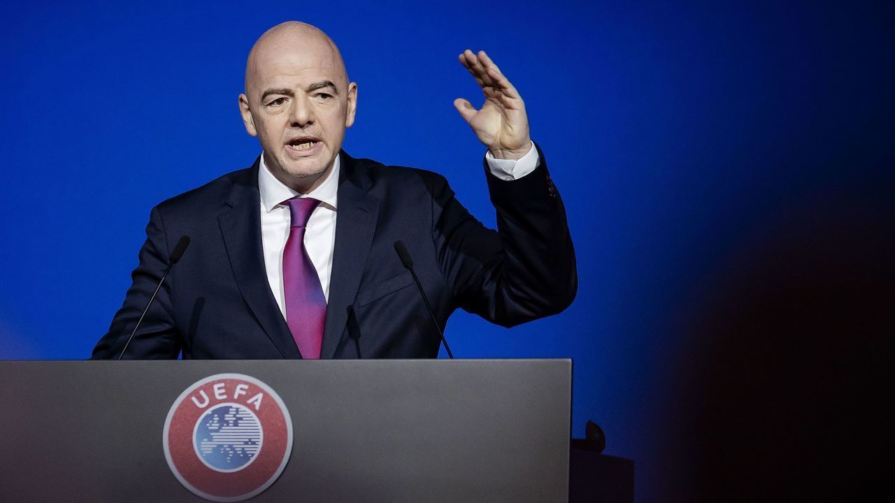 FIFA President Gianni Infantino gestures as he speaks during the 44th Ordinary UEFA Congress , in Amsterdam, the Netherlands, on March 3, 2020.