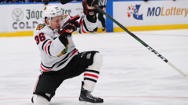 ST. LOUIS, MO - FEBRUARY 25: Matthew Highmore #36 of the Chicago Blackhawks celebrates after scoring a goal against the St. Louis Blues during the third period at the Enterprise Center on February 25, 2020 in St. Louis, Missouri.