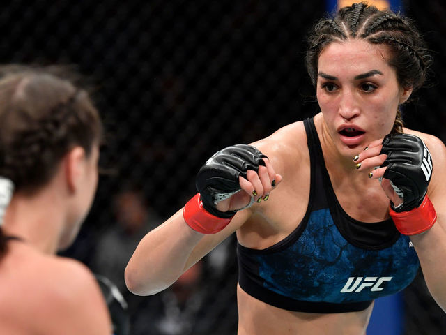 CHICAGO, IL - JUNE 08: Tatiana Suarez battles Nina Ansaroff in their women's strawweight bout during the UFC 238 event at the United Center on June 8, 2019 in Chicago, Illinois.