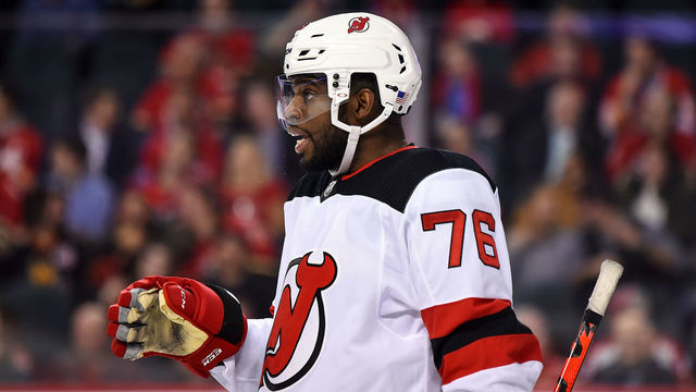 CALGARY, AB - NOVEMBER 07: New Jersey Devils Defenceman P.K. Subban (76) talks strategy with teammates between whistles during the third period of an NHL game where the Calgary Flames hosted the New Jersey Devils on November 7, 2019, at the Scotiabank Saddledome in Calgary, AB.