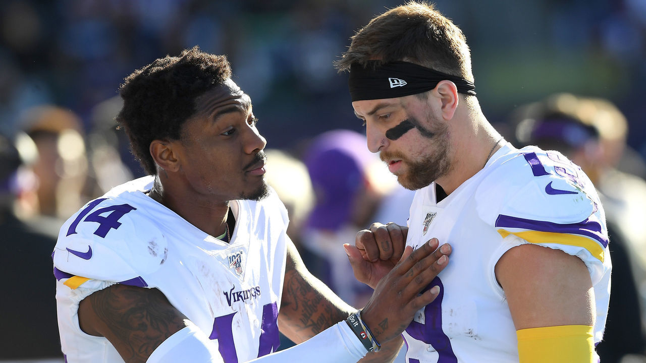 CARSON, CA - DECEMBER 15: Wide receiver Stefon Diggs #14 and wide receiver Adam Thielen #19 of the Minnesota Vikings talk on the sidelines during the game against the Los Angeles Chargers in the game at Dignity Health Sports Park on December 15, 2019 in Carson, California.