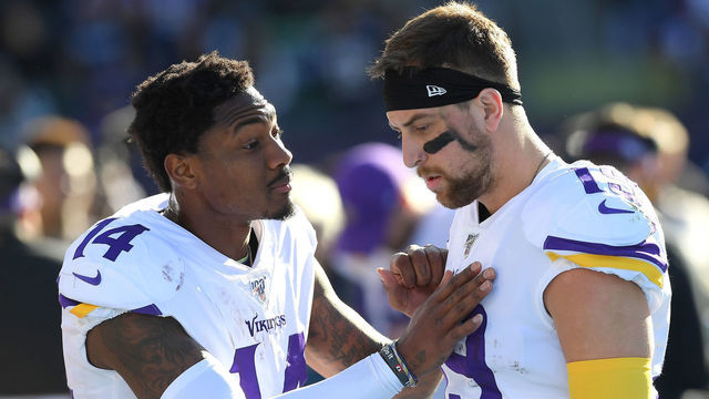 CARSON, CA - DECEMBER 15: Wide receiver Stefon Diggs #14 and wide receiver Adam Thielen #19 of the Minnesota Vikings talk on the sidelines during the game against the Los Angeles Chargers in the game at Dignity Health Sports Park on December 15, 2019 in Carson, California.