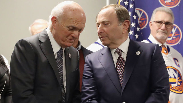 UNIONDALE, NEW YORK - FEBRUARY 29: New York Islander GM Lou Lamoriello chats with NHL commissioner Gary Bettman at NYCB Live's Nassau Coliseum on February 29, 2020 in Uniondale, New York.
