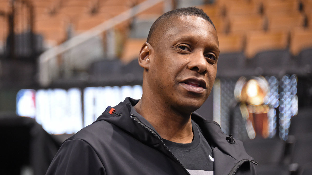 TORONTO, CANADA - JUNE 09: General Manager of the Toronto Raptors, Masai Ujiri looks on during NBA Finals - Practice and Media Availability on June 9, 2019 at Scotiabank Arena in Toronto, Ontario, Canada. NOTE TO USER: User expressly acknowledges and agrees that, by downloading and/or using this photograph, user is consenting to the terms and conditions of the Getty Images License Agreement. Mandatory Copyright Notice: Copyright 2019 NBAE