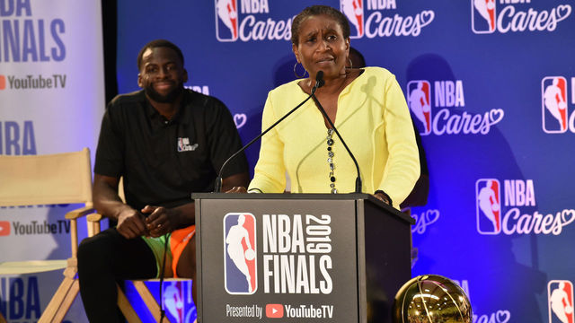 OAKLAND, CA - JUNE 6: NBPA Executive Director Michele Roberts speaks to the crowd as she takes part in the 2019 NBA Finals Cares Legacy Project as part of the 2019 NBA Finals on June 6, 2019 at the Ira Jinkins Recreation Center in Oakland, California. Mandatory Copyright Notice: Copyright 2019 NBAE