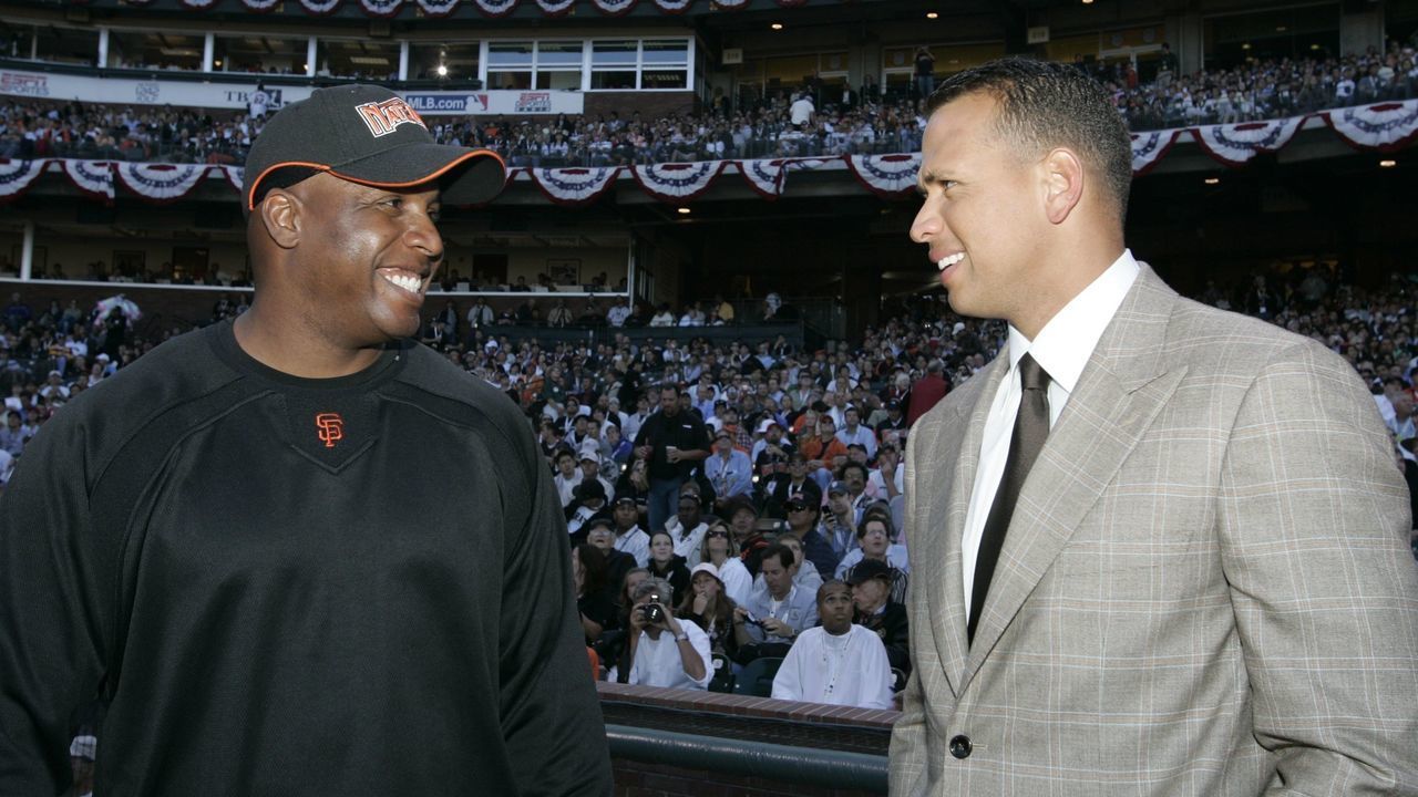SAN FRANCISCO - JULY 9: Barry Bonds of the San Francisco Giants talks with Alex Rodriguez of the New York Yankees during the Home Run Derby at AT&T Park in San Francisco, California on July 9, 2007.