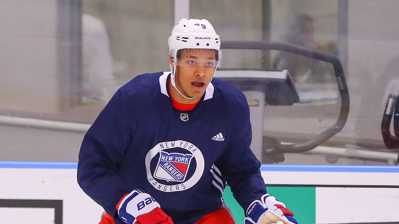 NEW YORK, NY - JUNE 29: New York Rangers Defenseman K'Andre Miller (79) skates during New York Rangers Prospect Development Camp on June 29, 2018 at the MSG Training Center in New York, NY.