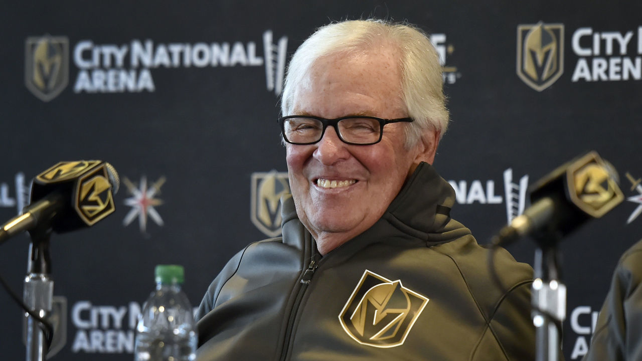 LAS VEGAS, NEVADA - MAY 02: Vegas Golden Knights owner Bill Foley speaks at a news conference announcing Kelly McCrimmon's promotion to general manager at City National Arena on May 02, 2019 in Las Vegas, Nevada.