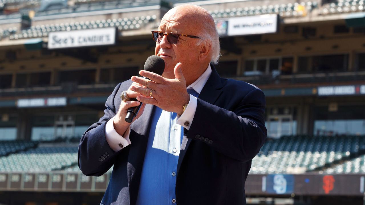 SAN FRANCISCO, CA - JUNE 25: Broadcaster Jon Miller speaks before the game between the San Francisco Giants and the San Diego Padres at AT&T Park on June 25, 2015 in San Francisco, California. The San Francisco Giants defeated the San Diego Padres 13-8.