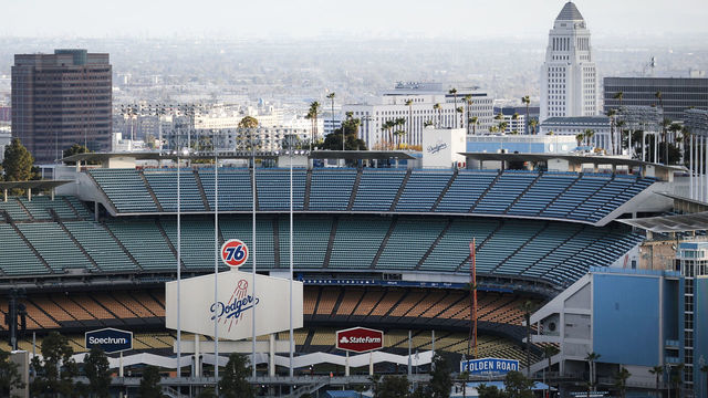 LOS ANGELES, CALIFORNIA - MARCH 26: Dodger Stadium is viewed on what was supposed to be Major League Baseball's opening day, now postponed due to the coronavirus, on March 26, 2020 in Los Angeles, California. The Los Angeles Dodgers were slated to play against the San Francisco Giants at the stadium today. Major League Baseball Commissioner Rob Manfred is not optimistic that the league will play a full 162 game regular season due to the spread of COVID-19.