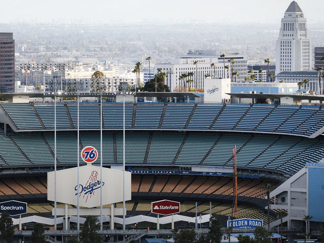 LOS ANGELES, CALIFORNIA - MARCH 26: Dodger Stadium is viewed on what was supposed to be Major League Baseball's opening day, now postponed due to the coronavirus, on March 26, 2020 in Los Angeles, California. The Los Angeles Dodgers were slated to play against the San Francisco Giants at the stadium today. Major League Baseball Commissioner Rob Manfred is not optimistic that the league will play a full 162 game regular season due to the spread of COVID-19.