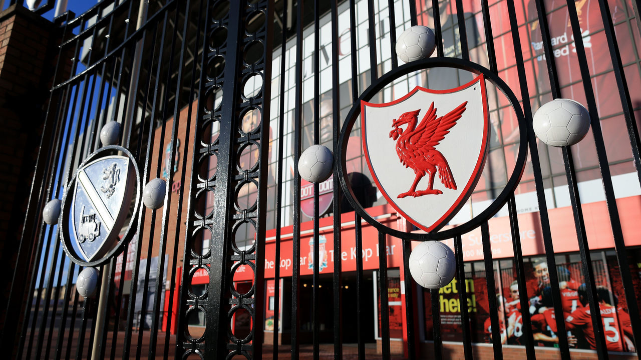 LIVERPOOL, ENGLAND - MARCH 15: The famous Paisley Gates at Liverpool Football Club's Anfield stadium are closed as concerns escalate over the spreading of COVID-19 Coronavirus on March 15, 2020 in Liverpool, England.