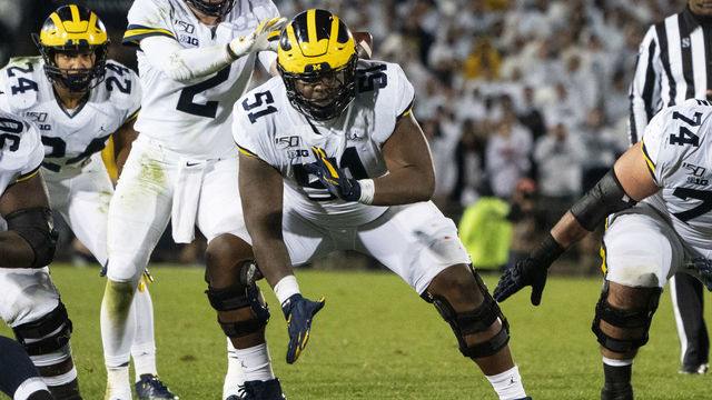 UNIVERSITY PARK, PA - OCTOBER 19: Michigan Wolverines Offensive Lineman Cesar Ruiz (51) looks to block during the second half of the game between the Michigan Wolverines and the Penn State Nittany Lions on October 19, 2019, at Beaver Stadium in University Park, PA,