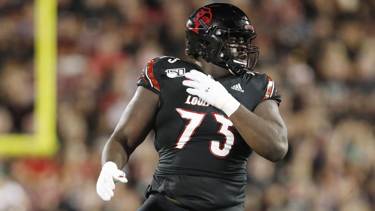 LOUISVILLE, KY - SEPTEMBER 02: Mekhi Becton #73 of the Louisville Cardinals blocks during a game against the Notre Dame Fighting Irish at Cardinal Stadium on September 2, 2019 in Louisville, Kentucky. Notre Dame defeated Louisville 35-17.