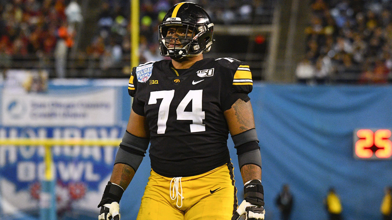 SAN DIEGO, CA - DECEMBER 27: Iowa Hawkeyes offensive lineman Tristan Wirfs (74) looks on during the San Diego County Credit Union Holiday Bowl football game between the USC Trojans and the Iowa Hawkeyes on December 27, 2019 at SDCCU Stadium in San Diego, California.