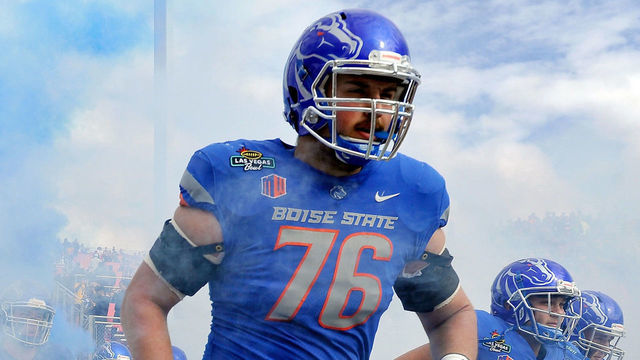 LAS VEGAS, NV - DECEMBER 16: Ezra Cleveland #76 of the Boise State Broncos runs on the field before the start of the Las Vegas Bowl against the Oregon Ducks at Sam Boyd Stadium on December 16, 2017 in Las Vegas, Nevada. Boise State won 38-28.