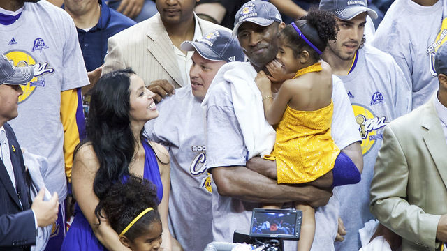 ORLANDO, FL - JUNE 14: Kobe Bryant #24 of the Los Angeles Lakers holds his daughter Gianna Bryant next to her mother Vanessa Bryant after Game Five of the 2009 NBA Finals against the Orlando Magic at Amway Arena on June 14, 2009 in Orlando, Florida. Mandatory Credit: 2009 NBAE