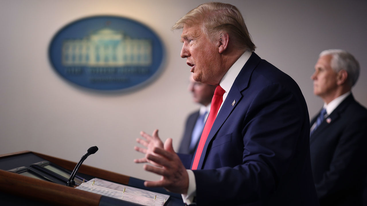 WASHINGTON, DC - APRIL 03: U.S. President Donald Trump speaks in the press briefing room with members of the White House Coronavirus Task Force April 3, 2020 in Washington, DC. President Trump announced that Americans in virus hot spots should wear a mask when out in public as the death rate caused by coronavirus has nearly doubled in three days in New York City while the nation continues to reel from the impacts of COVID-19.
