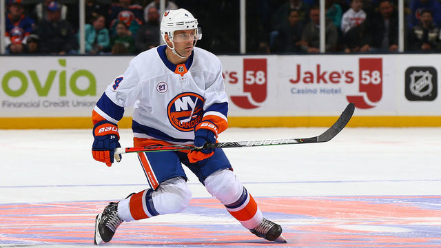 UNIONDALE, NEW YORK - FEBRUARY 21: Andy Greene #4 of the New York Islanders skates against the Detroit Red Wings at NYCB Live's Nassau Coliseum on February 21, 2020 in Uniondale, New York. New York Islanders defeated the Detroit Red Wings 4-1.