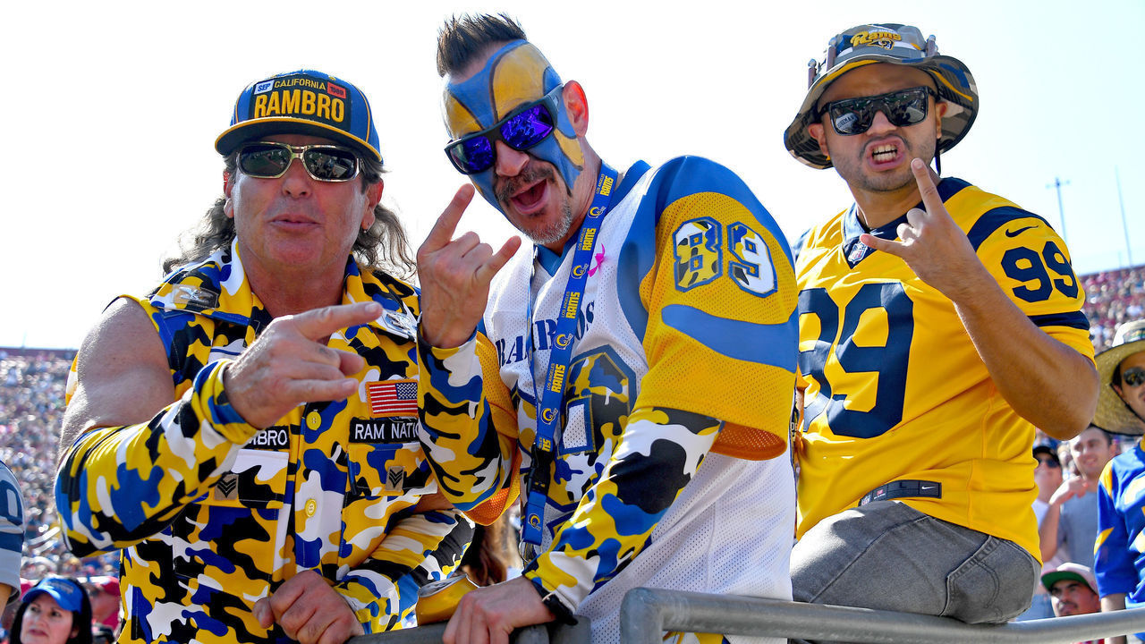 LOS ANGELES, CA - OCTOBER 13: Los Angeles Rams fans attend the game against the San Francisco 49ers at the Los Angeles Memorial Coliseum on October 13, 2019 in Los Angeles, California.