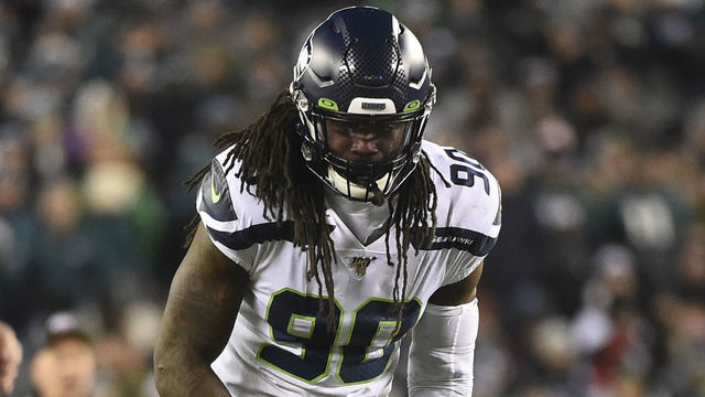 PHILADELPHIA, PA - JANUARY 05: Seattle Seahawks defensive end Jadeveon Clowney (90) celebrates during the Playoff game between the Seattle Seahawks and the Philadelphia Eagles on January 5, 2020, at Lincoln Financial Filed in Philadelphia, PA.