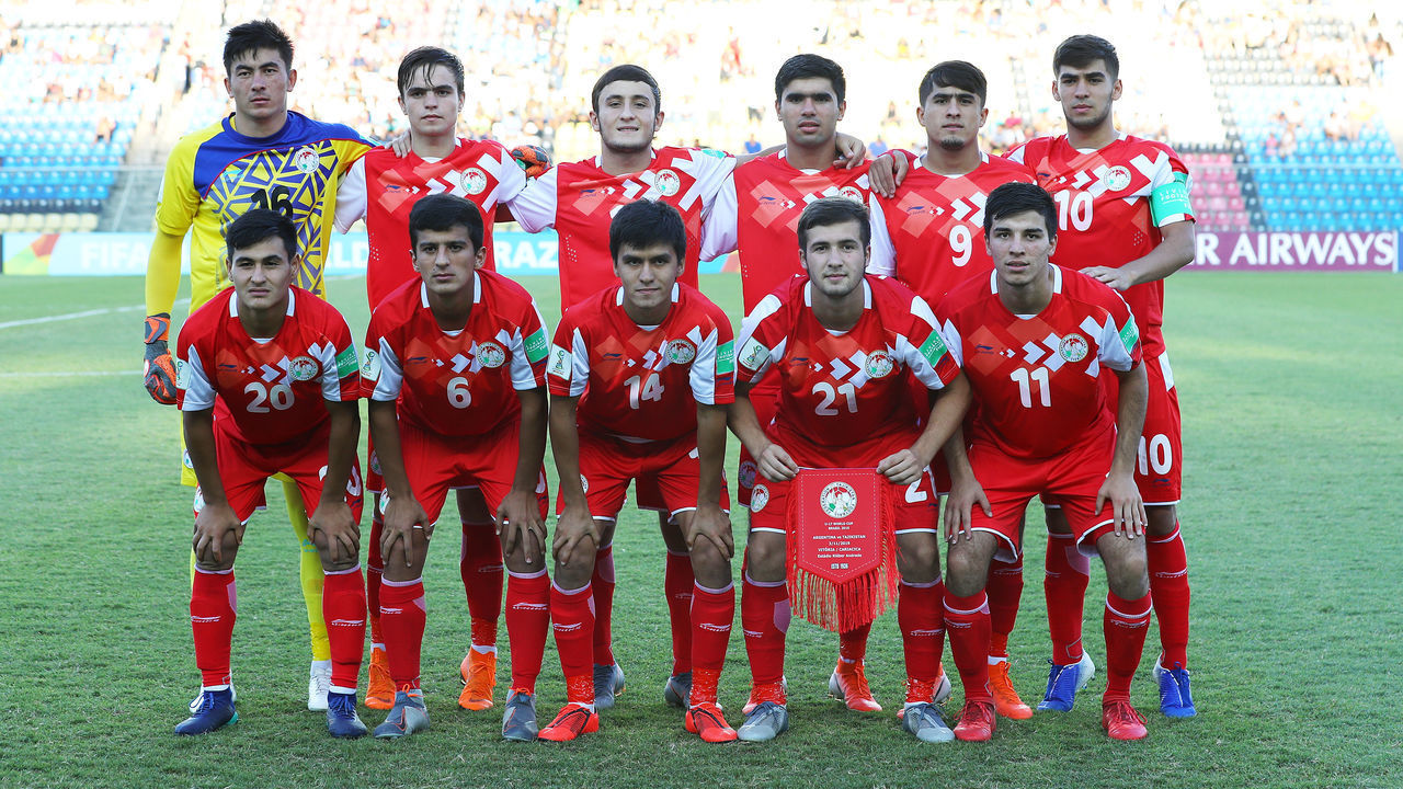 VITORIA, BRAZIL - NOVEMBER 03: The starting line up of Tajikistan before the FIFA U-17 World Cup Brazil 2019 Group E match between Argentina and Tajikistan at Estádio Kléber Andrade on November 03, 2019 in Vitoria, Brazil.
