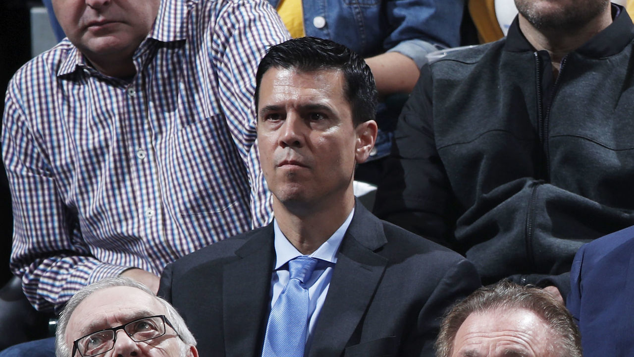 INDIANAPOLIS, IN - DECEMBER 12: Indiana Pacers president of basketball operations Kevin Pritchard (right) and general manager Chad Buchanan (left) look on during the game against the Milwaukee Bucks at Bankers Life Fieldhouse on December 12, 2018 in Indianapolis, Indiana. The Pacers won 113-97. NOTE TO USER: User expressly acknowledges and agrees that, by downloading and or using the photograph, User is consenting to the terms and conditions of the Getty Images License Agreement.