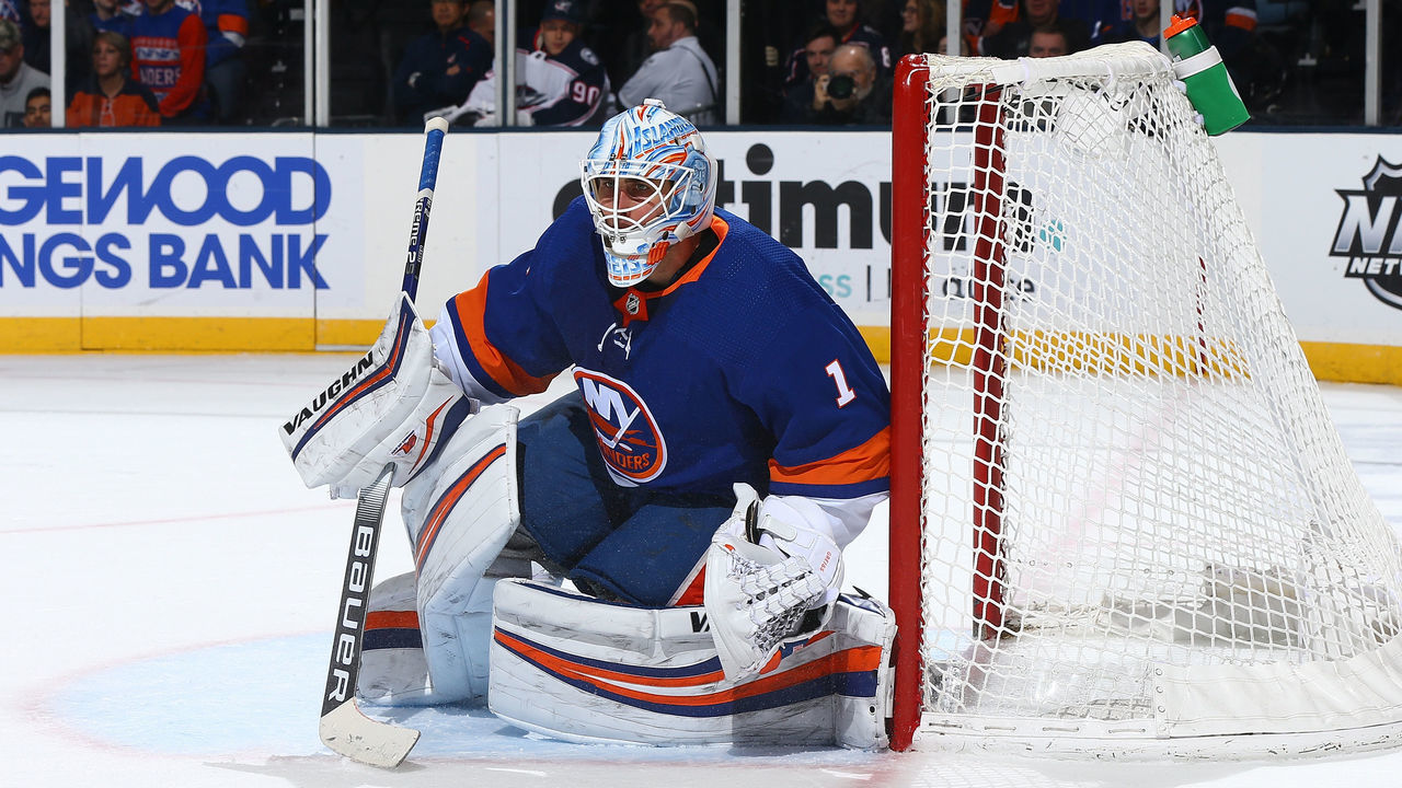 UNIONDALE, NEW YORK - DECEMBER 23: Thomas Greiss #1 of the New York Islanders in action against the Columbus Blue Jackets at NYCB Live's Nassau Coliseum on December 23, 2019 in Uniondale, New York. Columbus Blue Jackets defeated the New York Islanders 3-2.