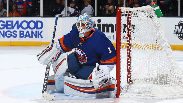 UNIONDALE, NEW YORK - DECEMBER 23: Thomas Greiss #1 of the New York Islanders in action against the Columbus Blue Jackets at NYCB Live's Nassau Coliseum on December 23, 2019 in Uniondale, New York. Columbus Blue Jackets defeated the New York Islanders 3-2.