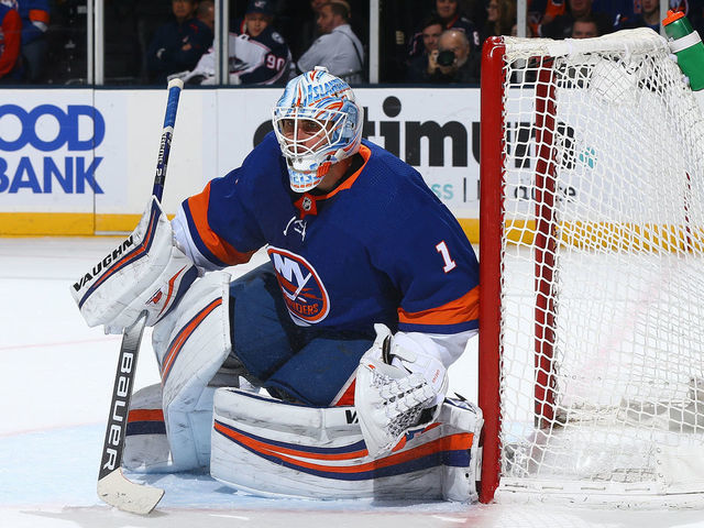 UNIONDALE, NEW YORK - DECEMBER 23: Thomas Greiss #1 of the New York Islanders in action against the Columbus Blue Jackets at NYCB Live's Nassau Coliseum on December 23, 2019 in Uniondale, New York. Columbus Blue Jackets defeated the New York Islanders 3-2.