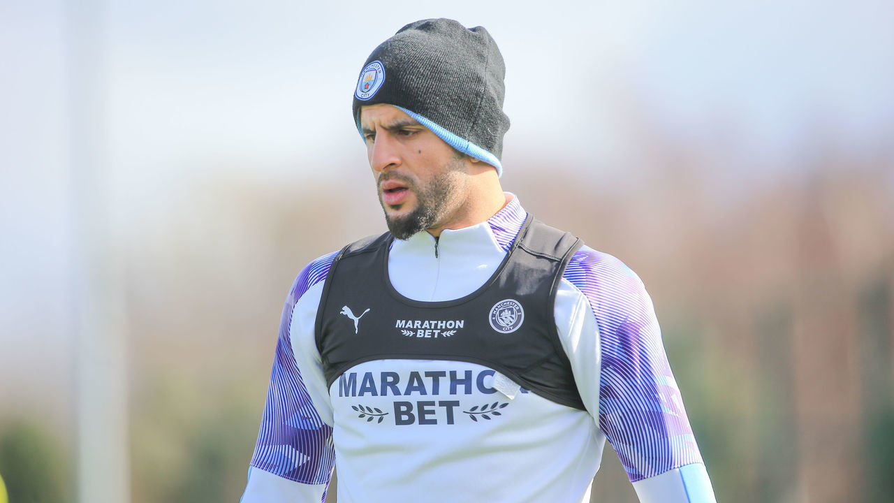 MANCHESTER, ENGLAND - MARCH 12: Manchester City's Kyle Walker in action during training at Manchester City Football Academy on March 12, 2020 in Manchester, England.
