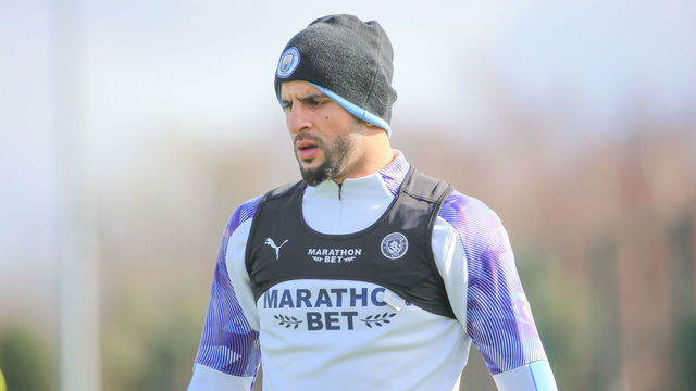 MANCHESTER, ENGLAND - MARCH 12: Manchester City's Kyle Walker in action during training at Manchester City Football Academy on March 12, 2020 in Manchester, England.