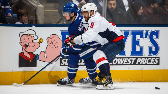 TORONTO, ON - FEBRUARY 21: Auston Matthews #34 of the Toronto Maple Leafs and Alex Ovechkin #8 of the Washington Capitals battle for the puck during the second period at the Scotiabank Arena on February 21, 2019 in Toronto, Ontario, Canada.