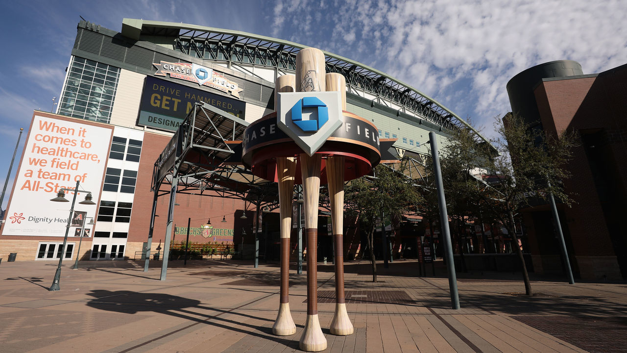 PHOENIX, ARIZONA - MARCH 26: General view outside of Chase Field on March 26, 2020 in Phoenix, Arizona. The Arizona Diamondbacks and the Atlanta Braves were scheduled to play a Major League Baseball opening day game tonight, which was postponed due to the coronavirus (COVID-19) global pandemic.