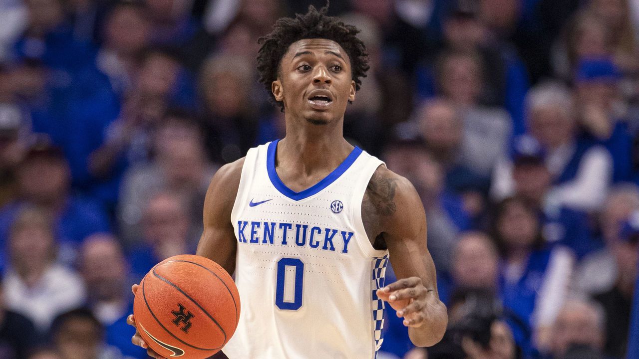 LEXINGTON, KY - FEBRUARY 29: Ashton Hagans #0 of the Kentucky Wildcats brings the ball up court during the game against the Auburn Tigers at Rupp Arena on February 29, 2020 in Lexington, Kentucky.