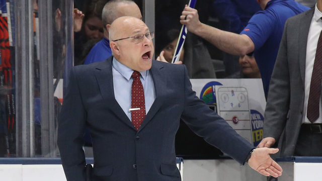 UNIONDALE, NEW YORK - MARCH 07: Barry Trotz the head coach of the New York Islanders argues the overtime goal as the Islanders were defeated by the Carolina Hurricanes at NYCB Live's Nassau Coliseum on March 07, 2020 in Uniondale, New York. The Hurricanes defeated the Islanders 3-2 in overtime.