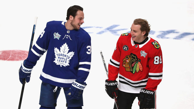 SAN JOSE, CA - JANUARY 25: Auston Matthews #34 of the Toronto Maple Leafs and Patrick Kane #88 of the Chicago Blackhawks laugh during warm-up prior to the 2019 SAP NHL All-Star Skills at SAP Center on January 25, 2019 in San Jose, California.