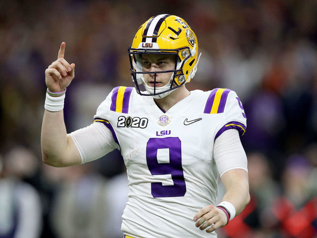 NEW ORLEANS, LOUISIANA - JANUARY 13: Joe Burrow #9 of the LSU Tigers reacts to a touchdown against Clemson Tigers during the third quarter in the College Football Playoff National Championship game at Mercedes Benz Superdome on January 13, 2020 in New Orleans, Louisiana.