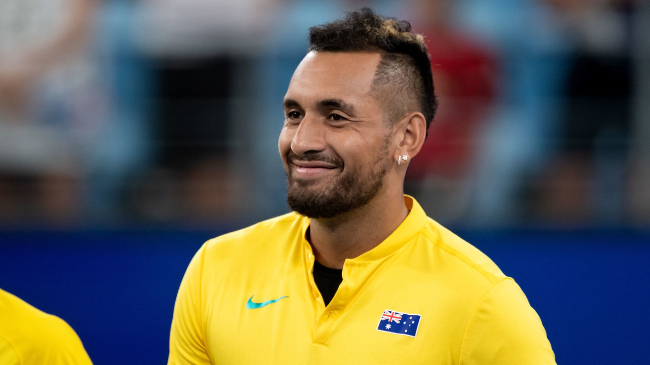 SYDNEY, AUSTRALIA - JANUARY 09: Nick Kyrgios of Australia smiles during day seven of the quarter-final singles match at the 2020 ATP Cup Tennis at Ken Rosewall Arena on January 09, 2020 in Sydney, Australia.