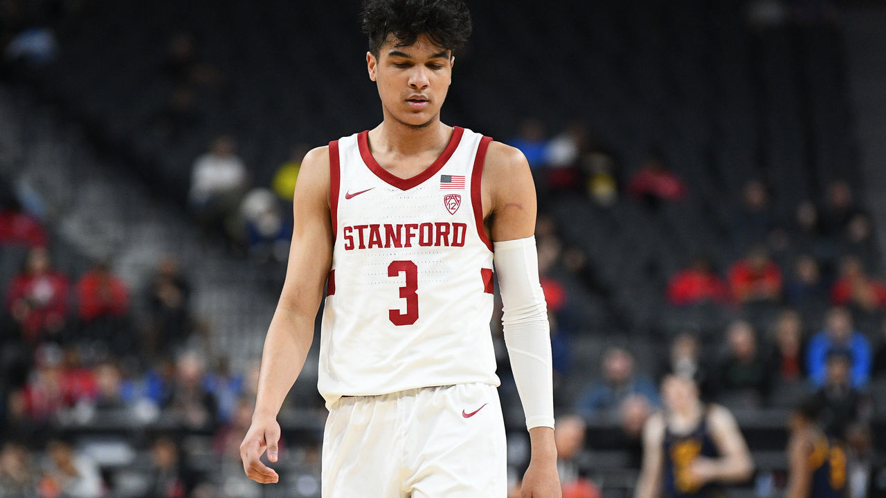 LAS VEGAS, NV - MARCH 11: Stanford Cardinal guard Tyrell Terry (3) looks on dejected during the first round game of the men's Pac-12 Tournament between the Stanford Cardinal and the California Bears on March 11, 2020, at the T-Mobile Arena in Las Vegas, NV.