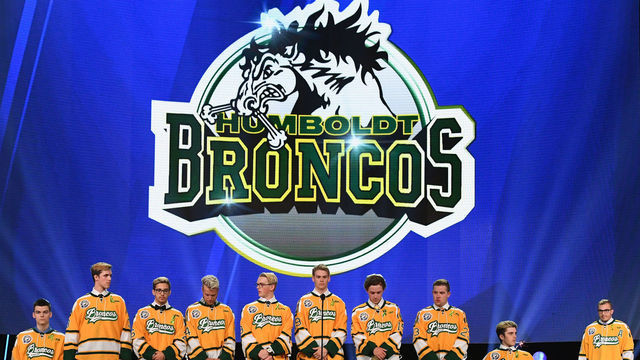 LAS VEGAS, NV - JUNE 20: Members of the Humboldt Broncos junior hockey league team stand onstage during the 2018 NHL Awards presented by Hulu at The Joint inside the Hard Rock Hotel & Casino on June 20, 2018 in Las Vegas, Nevada.