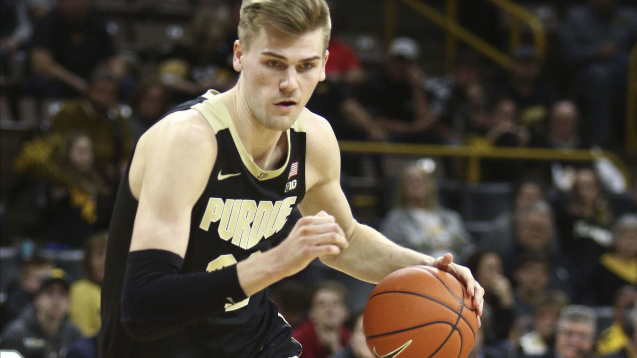 IOWA CITY, IOWA - MARCH 03: Center Matt Haarms #32 of the Purdue Boilermakers drives to the basket during the second half against the Iowa Hawkeyes at Carver-Hawkeye Arena on March 3, 2020 in Iowa City, Iowa.