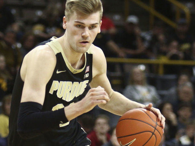 IOWA CITY, IOWA - MARCH 03: Center Matt Haarms #32 of the Purdue Boilermakers drives to the basket during the second half against the Iowa Hawkeyes at Carver-Hawkeye Arena on March 3, 2020 in Iowa City, Iowa.