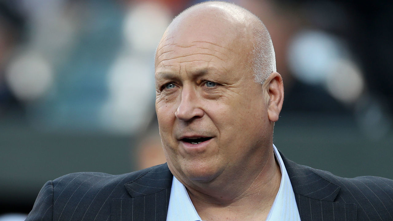 BALTIMORE, MARYLAND - APRIL 06: Baltimore Orioles general manager Mike Elias (L) talks with former player Cal Ripken Jr. before the start of the Orioles and New York Yankees game at Oriole Park at Camden Yards on April 06, 2019 in Baltimore, Maryland.