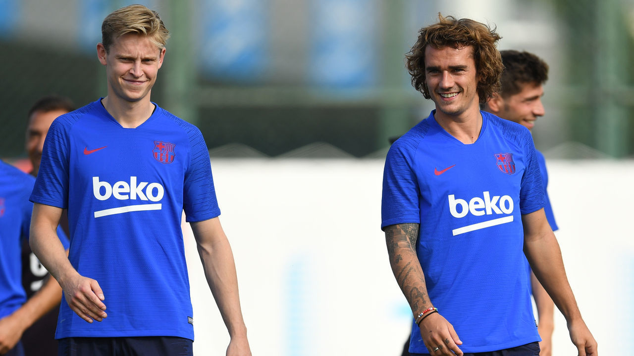 BARCELONA, SPAIN - JULY 15: Frenkie de Jong (L) and Antoine Griezmann of FC Barcelona look on during a training session at Ciutat Esportiva of Sant Joan Despi on July 15, 2019 in Barcelona, Spain.