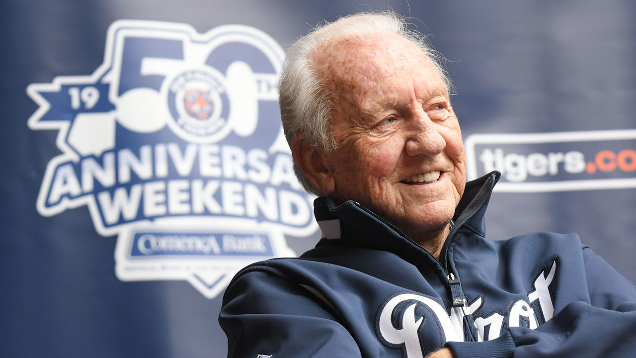 DETROIT, MI - SEPTEMBER 09: Former Detroit Tigers outfielder and baseball Hall-of-Famer Al Kaline looks on and smiles during a Q & A session to honor the 50th anniversary of the 1968 Tigers World Championship prior to the game against the St. Louis Cardinals at Comerica Park on September 9, 2018 in Detroit, Michigan. The Cardinals defeated the Tigers 5-2.
