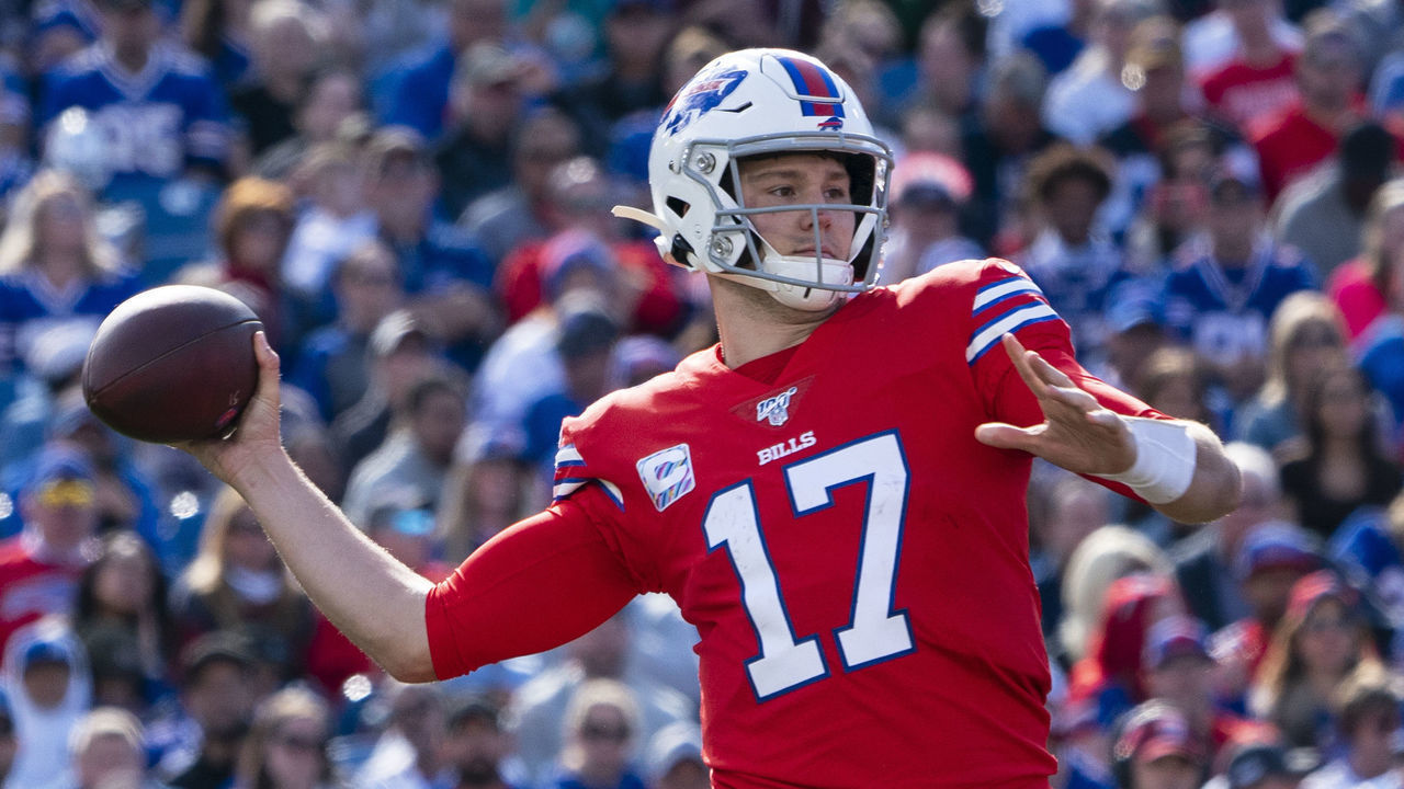 ORCHARD PARK, NY - OCTOBER 20: Buffalo Bills Quarterback Josh Allen (17) throws the ball during the first half of the National Football League game between the Miami Dolphins and the Buffalo Bills on October 20, 2019, at New Era Field in Orchard Park, NY.
