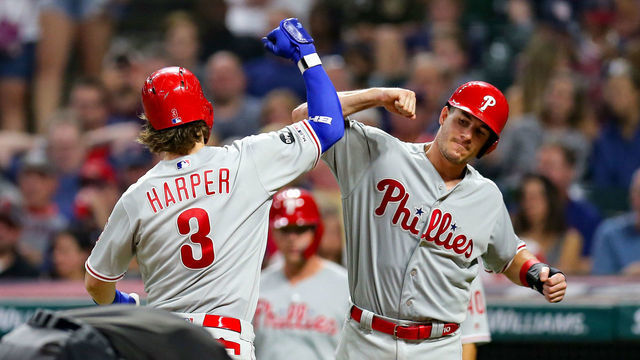CLEVELAND, OH - SEPTEMBER 21: Philadelphia Phillies right fielder Bryce Harper (3) and Philadelphia Phillies catcher J.T. Realmuto (10) celebrate after Harper hit a 3-run home run during the fifth inning of the Major League Baseball interleague game between the Philidelphia Phillies and Cleveland Indians on September 21, 2019, at Progressive Field in Cleveland, OH.