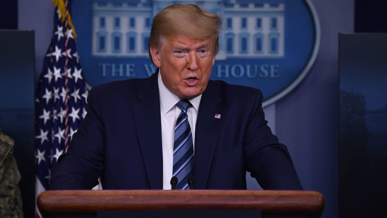 US President Donald Trump speaks during an unscheduled briefing after a Coronavirus Task Force meeting at the White House on April 5, 2020, in Washington, DC.