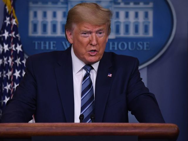 US President Donald Trump speaks during an unscheduled briefing after a Coronavirus Task Force meeting at the White House on April 5, 2020, in Washington, DC.